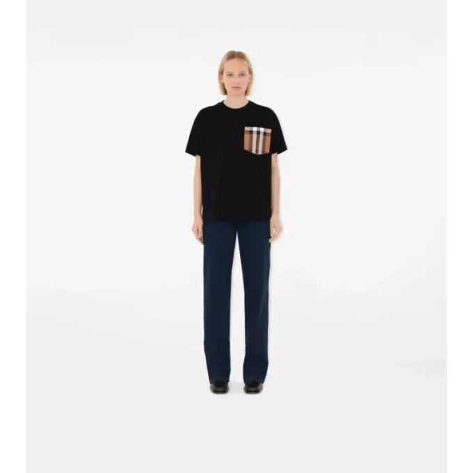 Bawełniany T-shirt z kieszenią w kratę