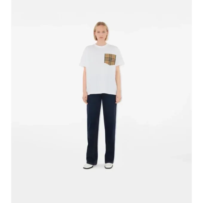 Bawełniany T-shirt z kieszenią w kratę