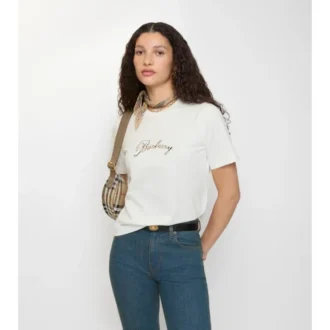 Bawełniany T-shirt z kursywnym logo w kratkę