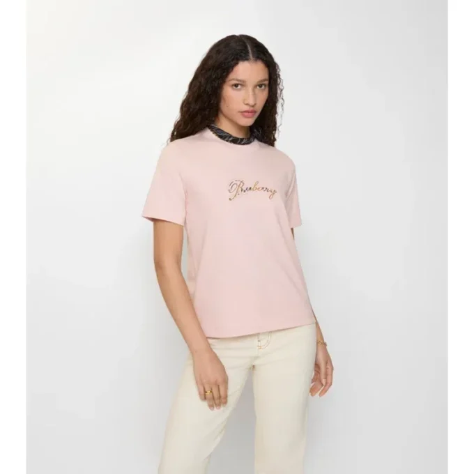 Bawełniany T-shirt z kursywnym logo w kratkę