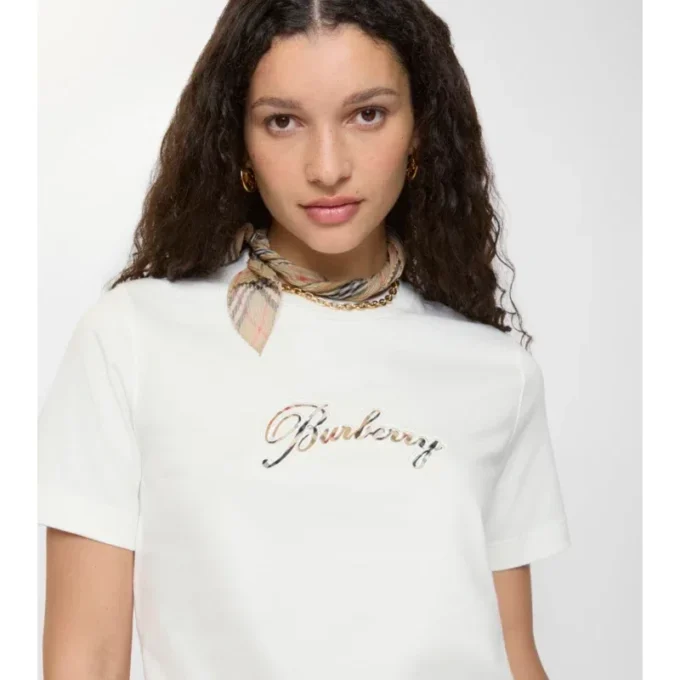 Bawełniany T-shirt z kursywnym logo w kratkę