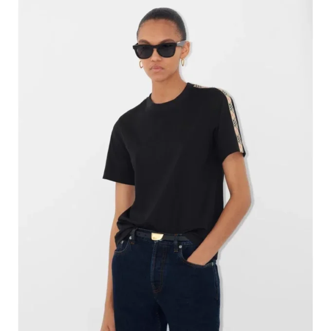 Bawełniany T-shirt z wykończeniem w kratę Bawełniany T-shirt z wykończeniem w kratę