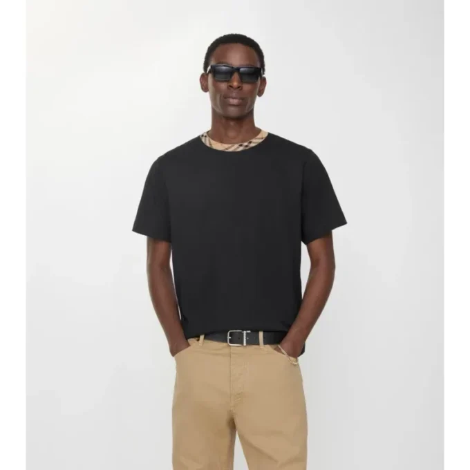Bawełniany T-shirt z wykończeniem w kratę Bawełniany T-shirt z wykończeniem w kratę