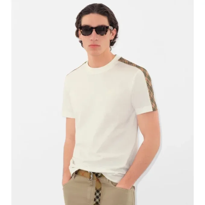 Bawełniany T-shirt z wykończeniem w kratę Bawełniany T-shirt z wykończeniem w kratę