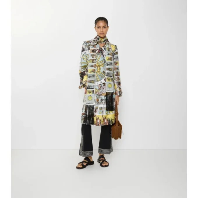 Długi Trench Coat Foxfield z jedwabiu w nadruk tarotowy Długi Trench Coat Foxfield z jedwabiu w nadruk tarotowy