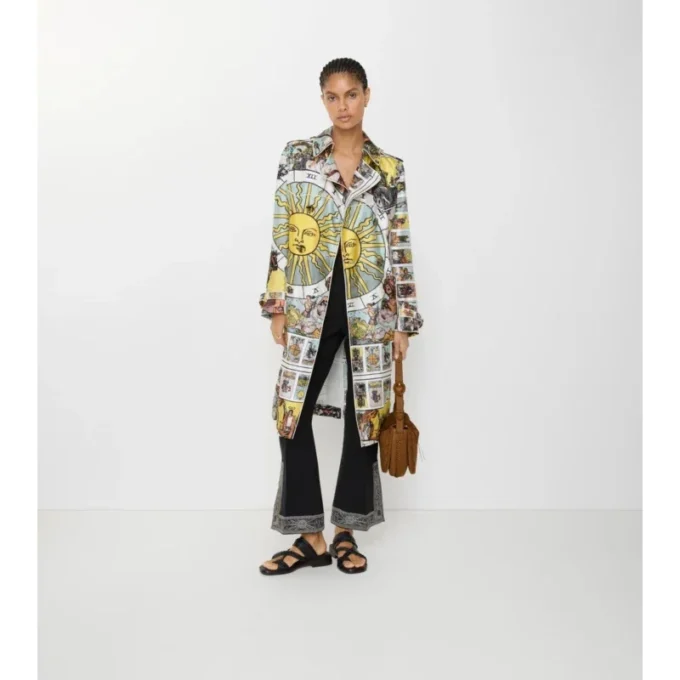Długi Trench Coat Foxfield z jedwabiu w nadruk tarotowy Długi Trench Coat Foxfield z jedwabiu w nadruk tarotowy
