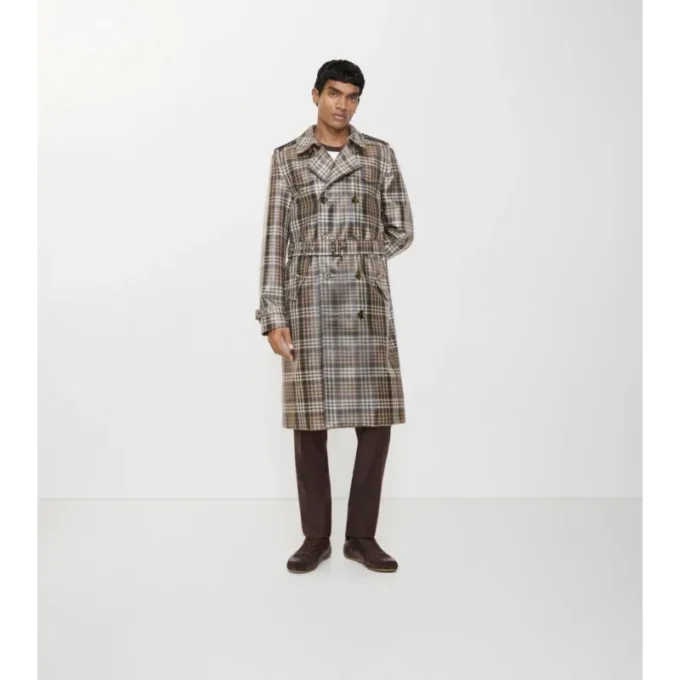Długi Trench Coat Foxfield z powłoką w kratę o efekcie rafii
