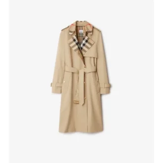 Długi Trench Coat z gabardyny w kratę