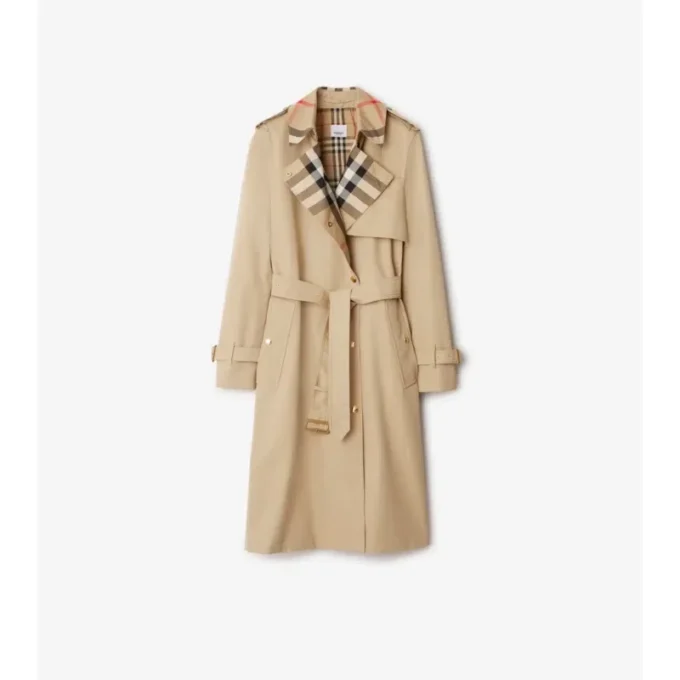 Długi Trench Coat z gabardyny w kratę