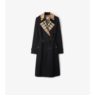 Długi Trench Coat z gabardyny w kratę