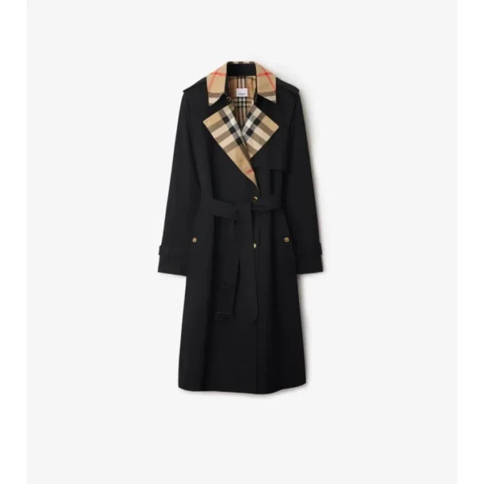 Długi Trench Coat z gabardyny w kratę