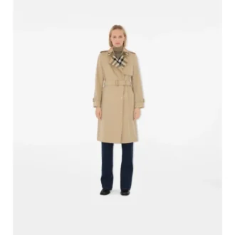 Długi Trench Coat z gabardyny w kratę