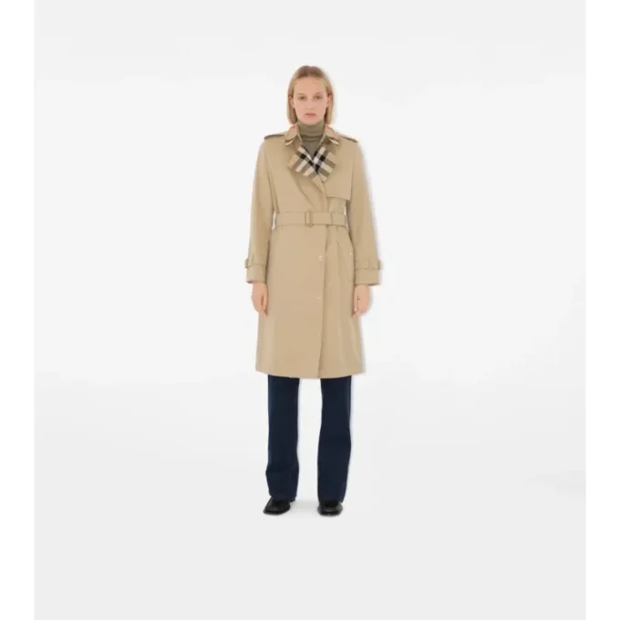 Długi Trench Coat z gabardyny w kratę