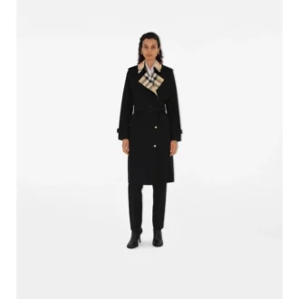 Długi Trench Coat z gabardyny w kratę