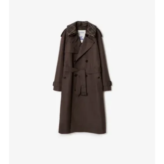 Długi Trench Coat z jedwabnej bawełny z kołnierzem w kratę