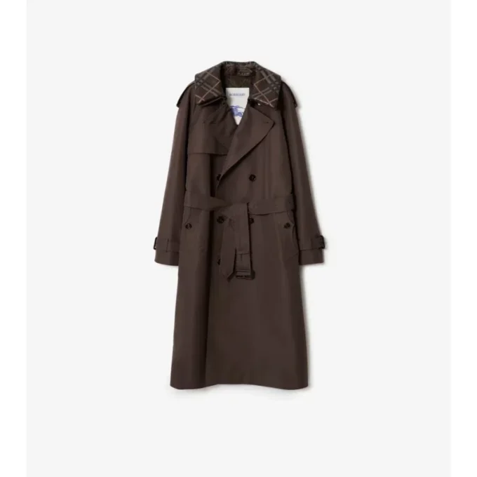 Długi Trench Coat z jedwabnej bawełny z kołnierzem w kratę Długi Trench Coat z jedwabnej bawełny z kołnierzem w kratę