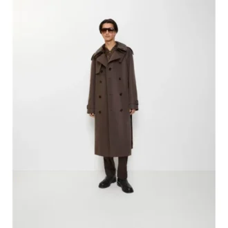 Długi Trench Coat z jedwabnej bawełny z kołnierzem w kratę