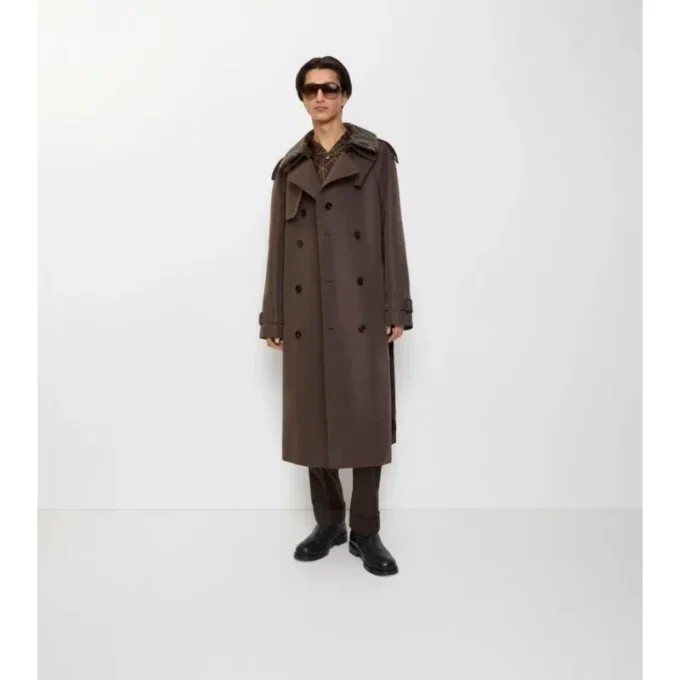Długi Trench Coat z jedwabnej bawełny z kołnierzem w kratę Długi Trench Coat z jedwabnej bawełny z kołnierzem w kratę