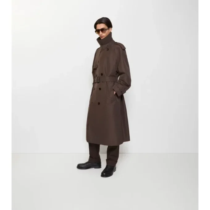 Długi Trench Coat z jedwabnej bawełny z kołnierzem w kratę Długi Trench Coat z jedwabnej bawełny z kołnierzem w kratę