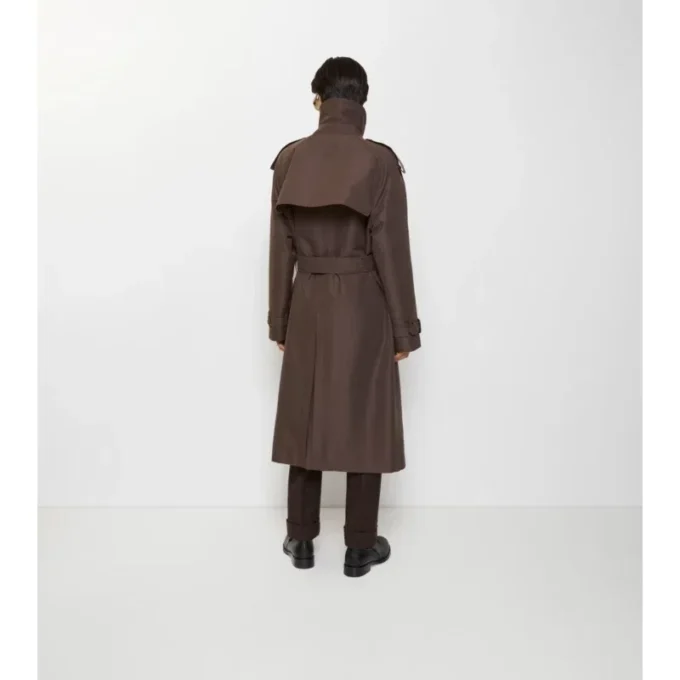 Długi Trench Coat z jedwabnej bawełny z kołnierzem w kratę Długi Trench Coat z jedwabnej bawełny z kołnierzem w kratę