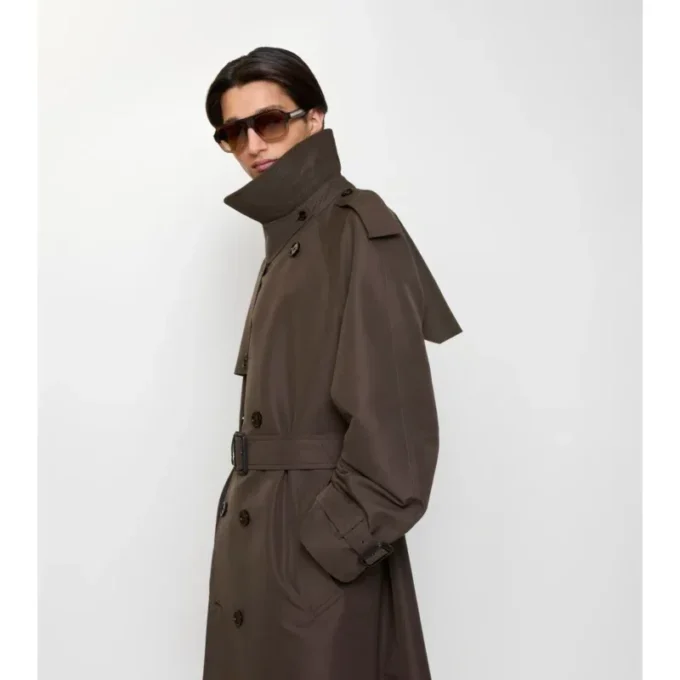 Długi Trench Coat z jedwabnej bawełny z kołnierzem w kratę Długi Trench Coat z jedwabnej bawełny z kołnierzem w kratę