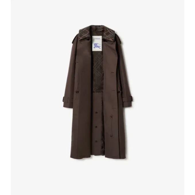 Długi Trench Coat z jedwabnej bawełny z kołnierzem w kratę Długi Trench Coat z jedwabnej bawełny z kołnierzem w kratę