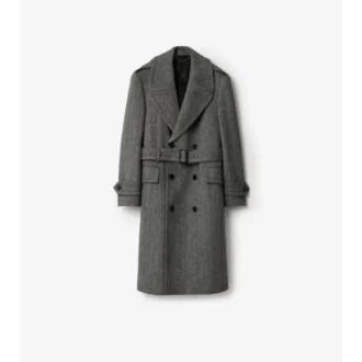 Długi Trench Coat z wełny w jodełkę