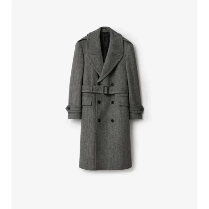 Długi Trench Coat z wełny w jodełkę