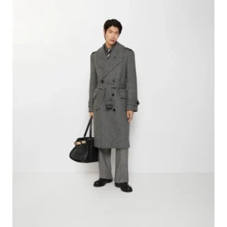 Długi Trench Coat z wełny w jodełkę
