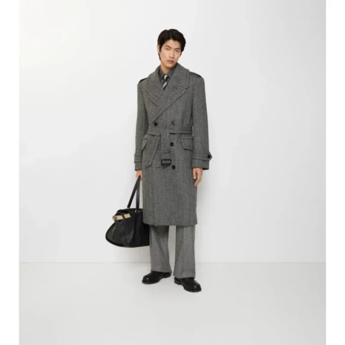 Długi Trench Coat z wełny w jodełkę