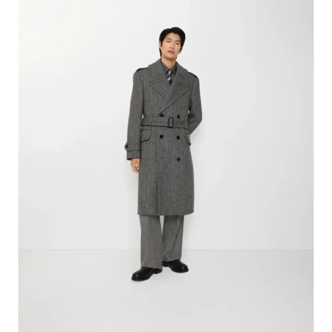 Długi Trench Coat z wełny w jodełkę