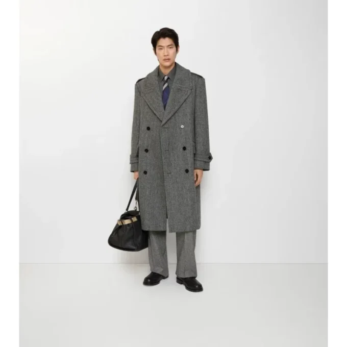 Długi Trench Coat z wełny w jodełkę
