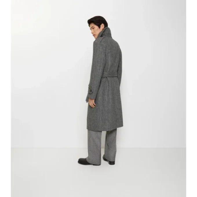 Długi Trench Coat z wełny w jodełkę