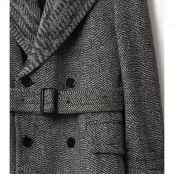 Długi Trench Coat z wełny w jodełkę