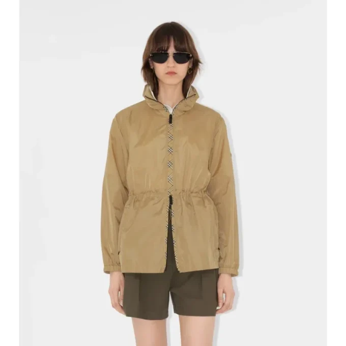 Krótka nylonowa kurtka typu parka w kratkę