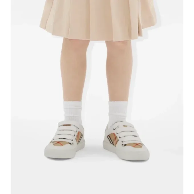 Sneakersy z bawełny w kratę i skóry