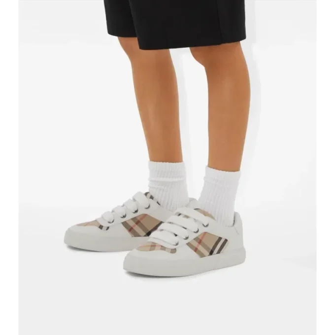 Sneakersy z bawełny w kratę i skóry