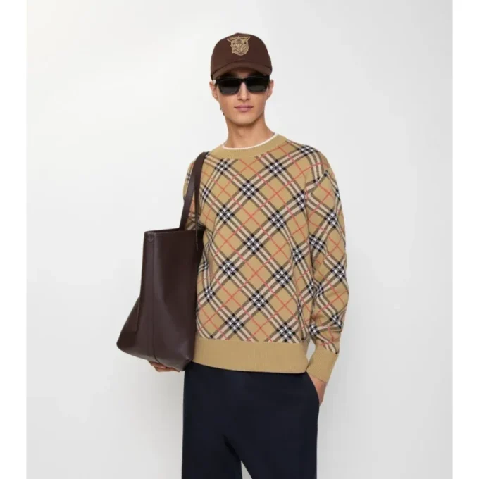 Sweter z bawełny i wełny w kratę