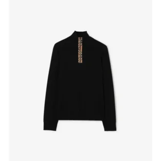 Sweter z wełny z wykończeniem w kratkę i półzamkiem