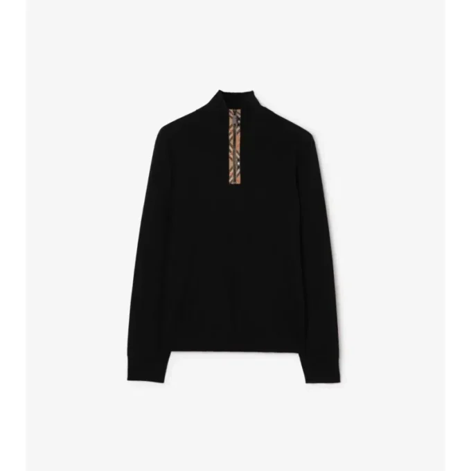 Sweter z wełny z wykończeniem w kratkę i półzamkiem Sweter z wełny z wykończeniem w kratkę i półzamkiem