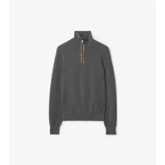 Sweter z wełny z wykończeniem w kratkę i półzamkiem