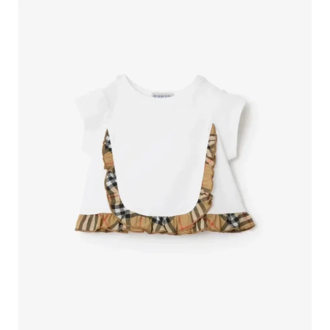 T-shirt z bawełny z elastycznym kołnierzem w kratkę