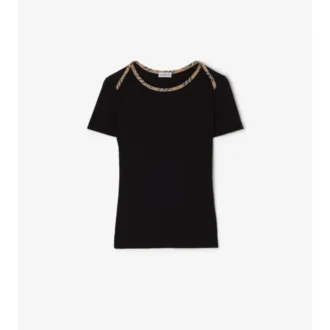 T-shirt z elastycznej bawełny z wykończeniem w kratę